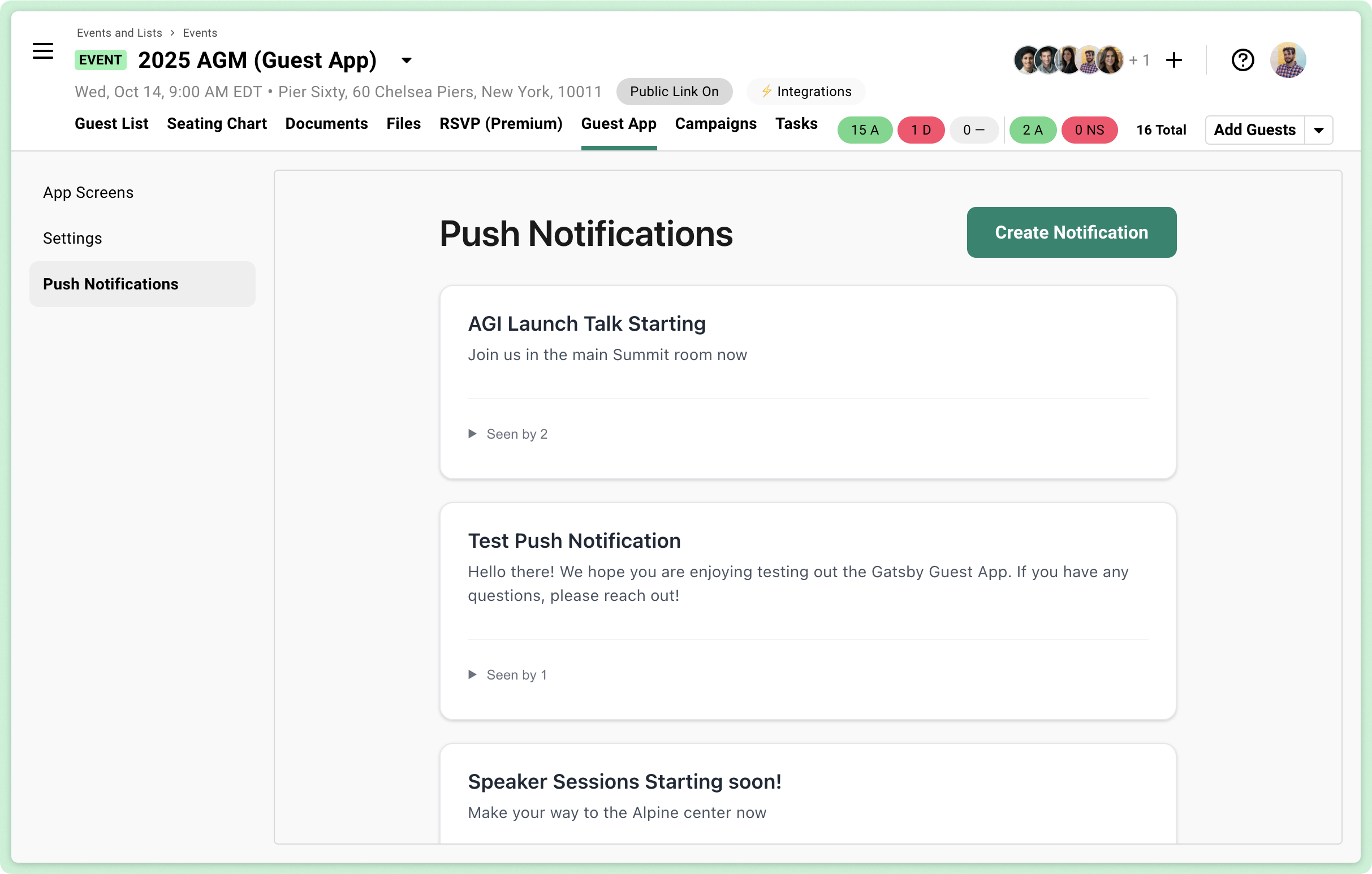 Push notification creation with title, message, and targeting