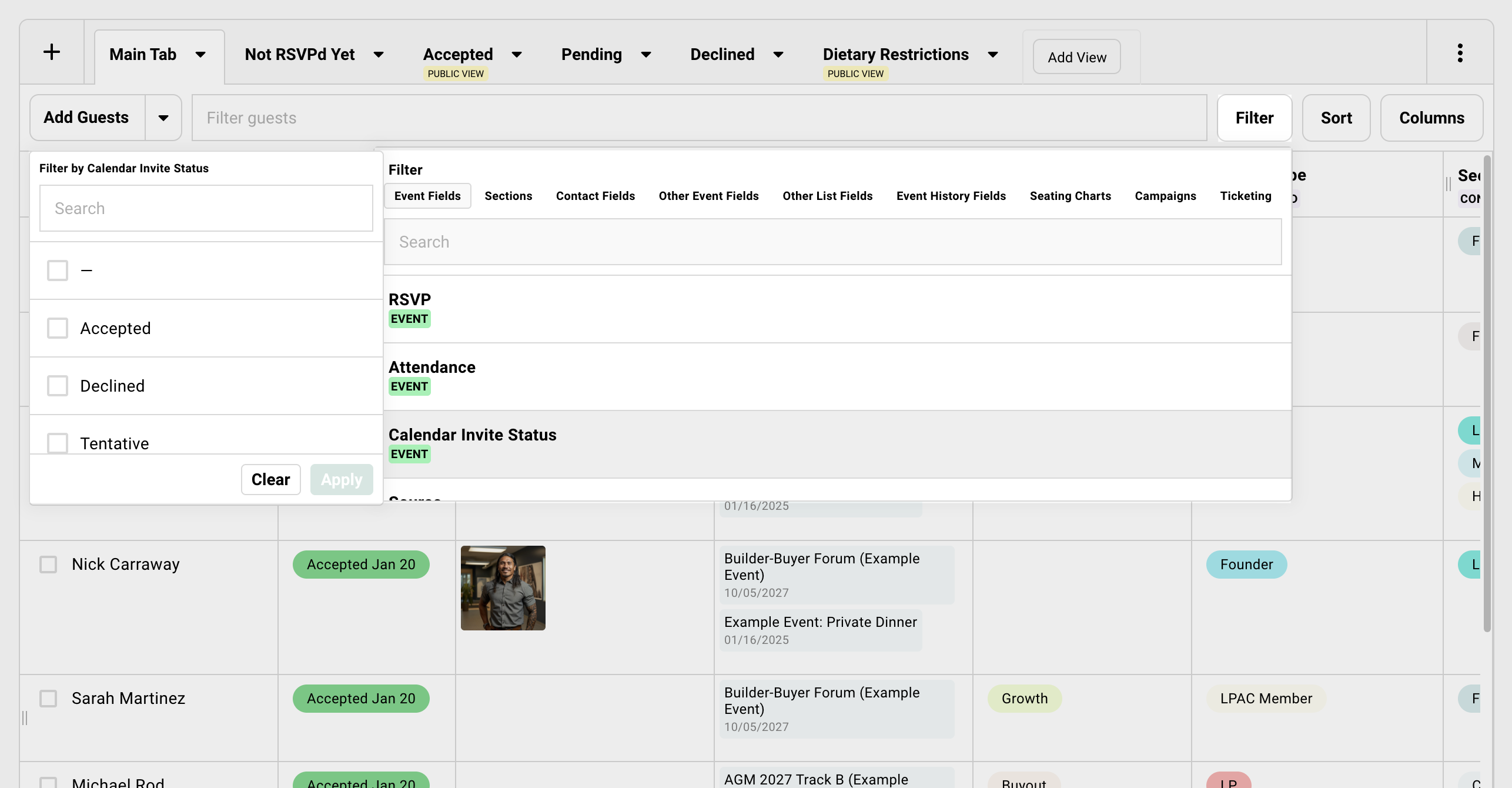 Showing Filter menu on the Guest List to filter by different fields