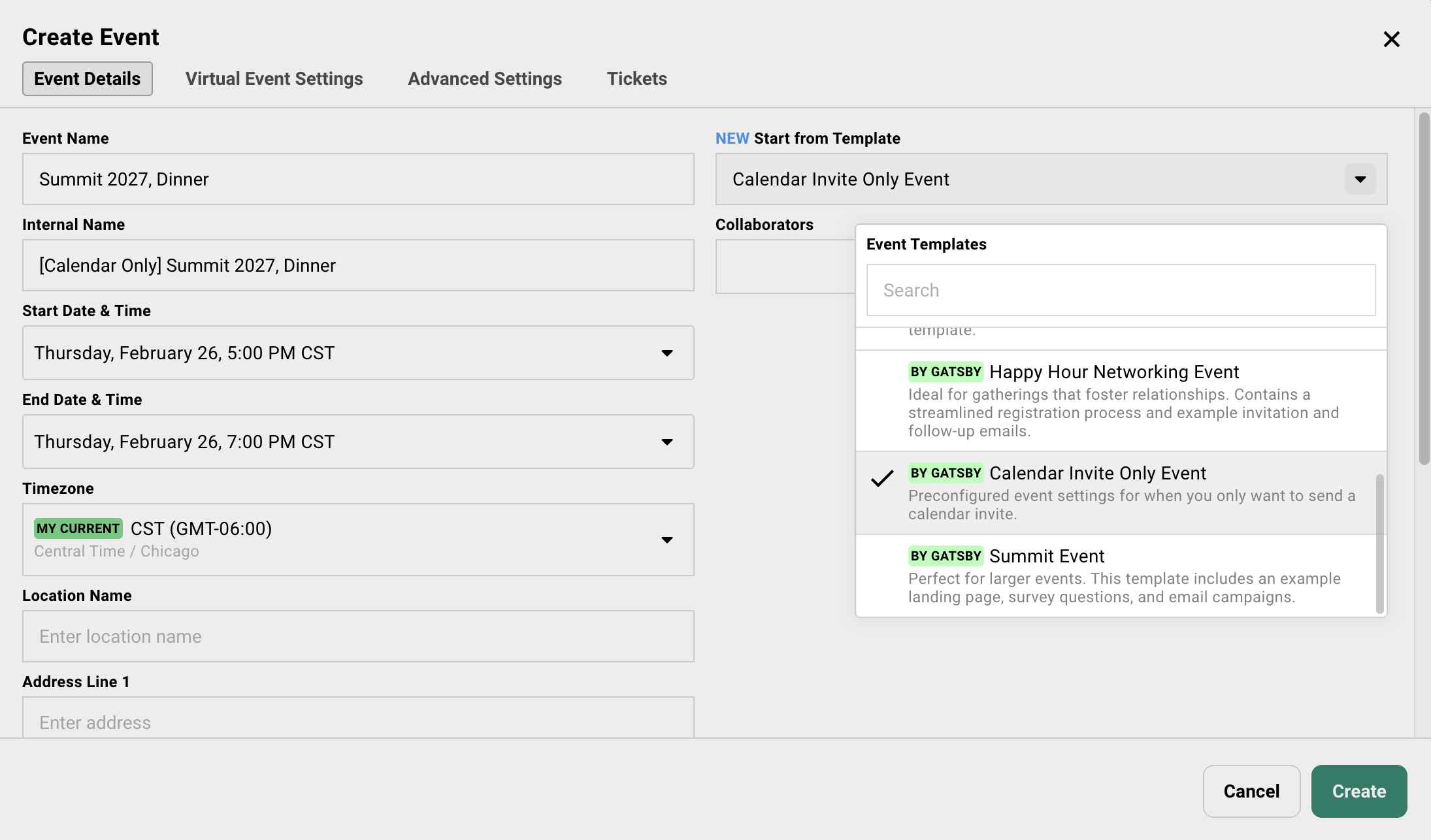 An example of a settings for session event. Selecting the right template.