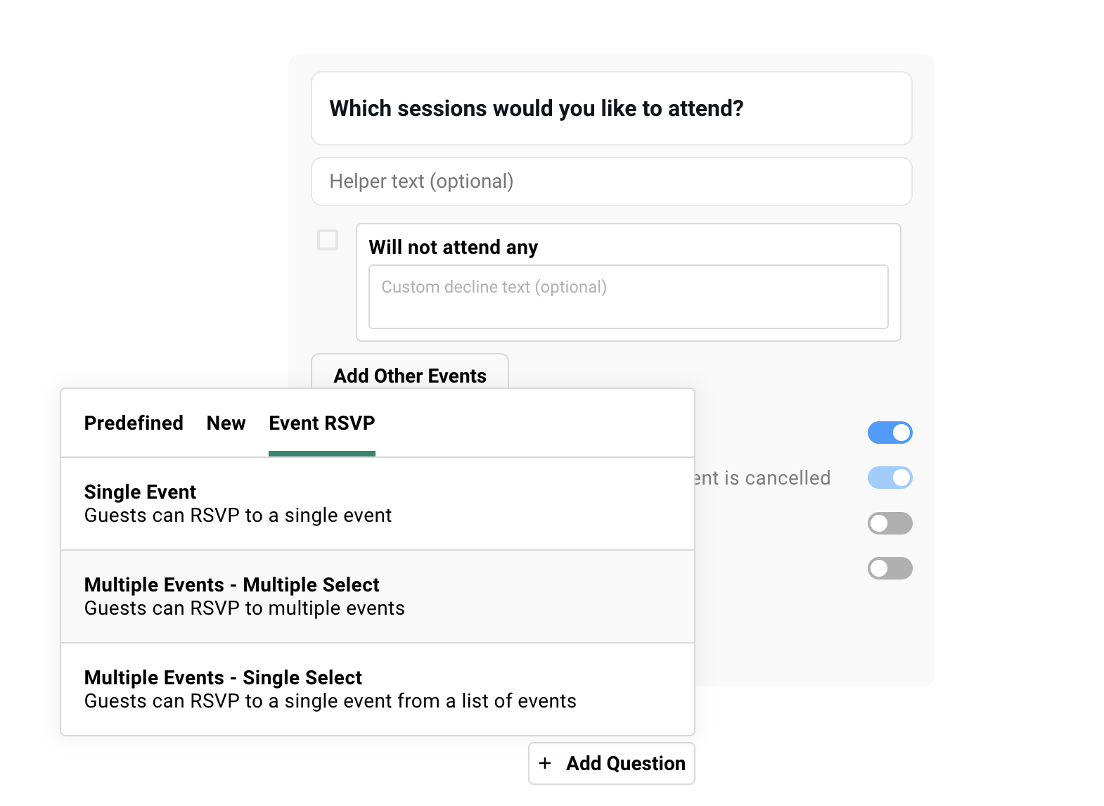 An example of a settings for session event. Selecting the right template.